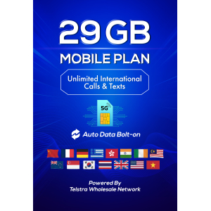 t1xperts 5g mobile plan 29gb auto top up unlimited calls & texts* to selected countries*