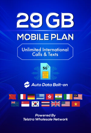 t1xperts 5g mobile plan 29gb auto top up unlimited calls & texts* to selected countries*