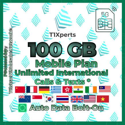 T1Xperts 5G Mobile Plan 100 GB SIM Card – Unlimited Calls & Texts to Selected Countries | Auto Top-Up | Telstra Wholesale Network Australia