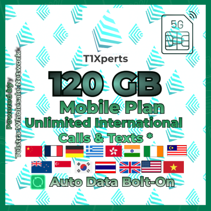 T1Xperts 5G Mobile Plan 120 GB SIM Card – Unlimited Calls & Texts to Selected Countries | Auto Top-Up | Telstra Wholesale Network Australia