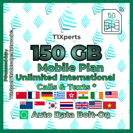 T1Xperts 5G Mobile Plan 150 GB SIM Card – Unlimited Calls & Texts to Selected Countries | Auto Top-Up | Telstra Wholesale Network Australia