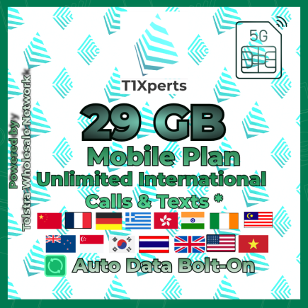 T1Xperts 5G Mobile Plan 29 GB SIM Card | Unlimited Calls & Texts | Auto Top-Up | Telstra Wholesale Network Australia